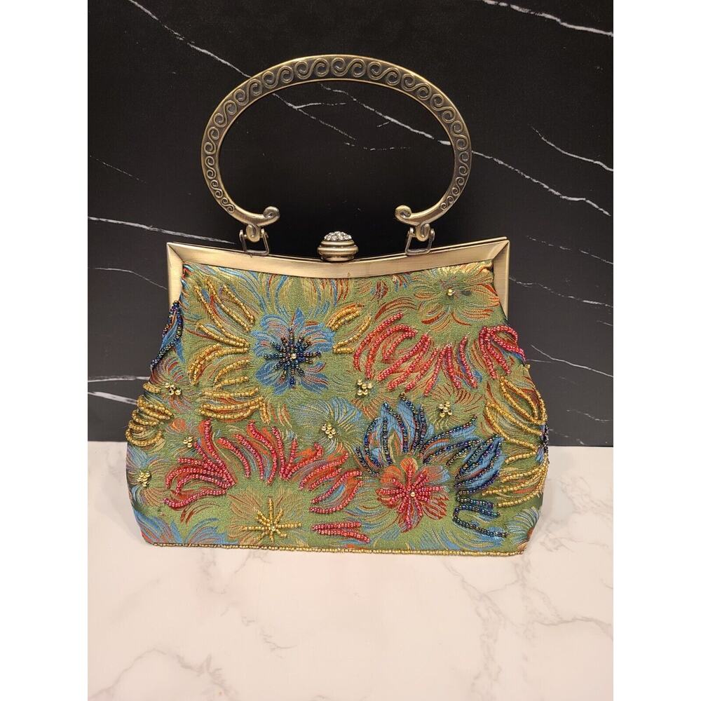 Embroidered Beaded Floral Evening Shoulder Bag - Green - Picture 3 of 11
